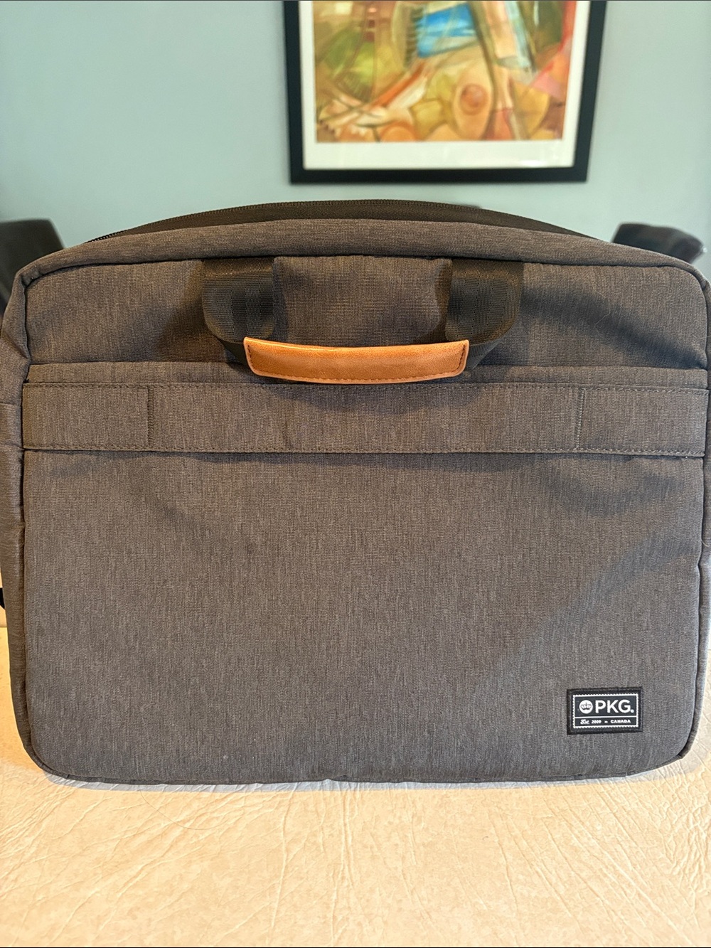 Grey Laptop Messenger Bag with Tan Handle Accent